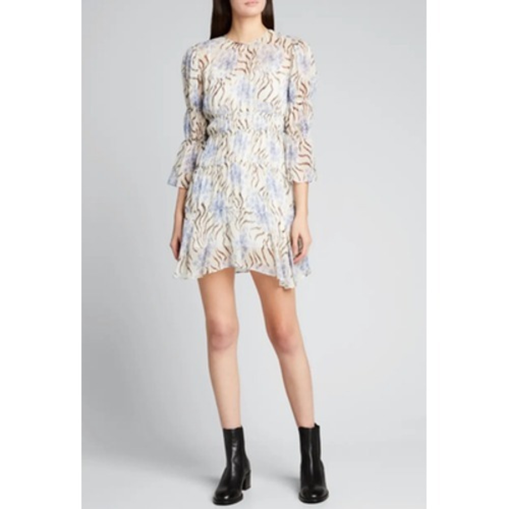 Cinq‎ A Sept Dress Womens 8 White Blue Floral Tiered Silk Mini Boho Ruffle Sheer